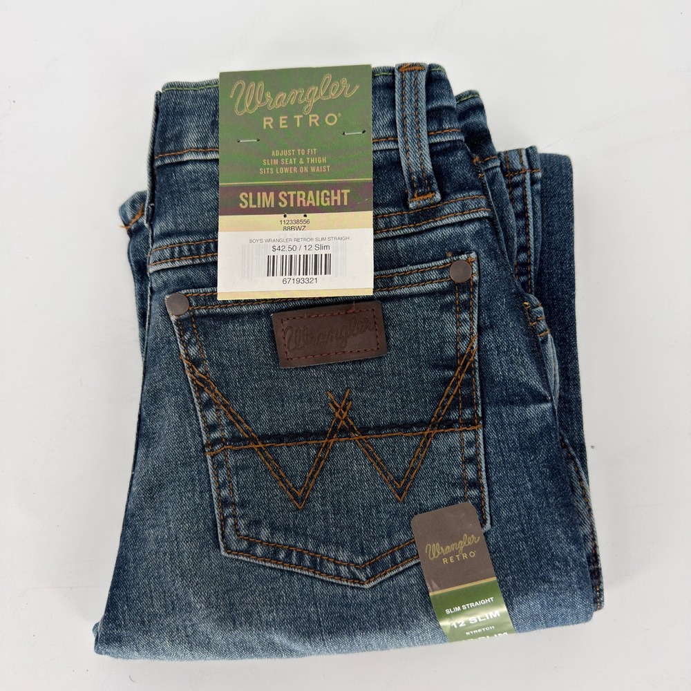 Wrangler Retro Boys Slim Straight Jeans Blue Denim 88RWZ Size 12 Slim NWT